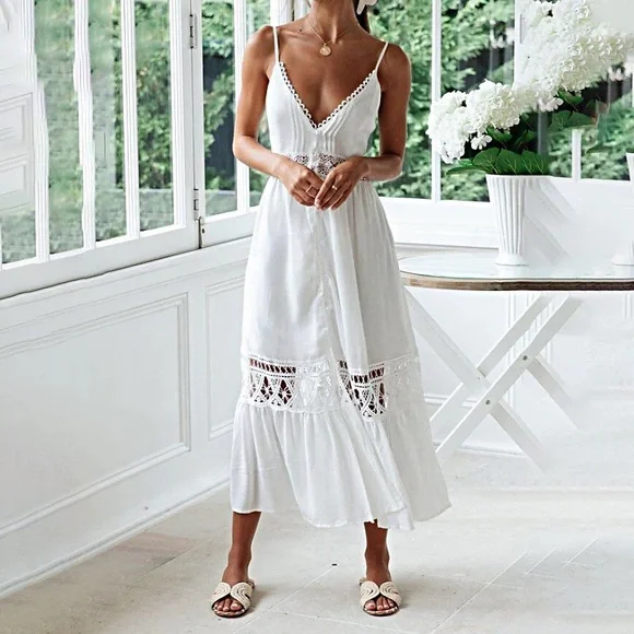 Elegant White Maxi Dress with Lace Details boho - Picture 5 of 10